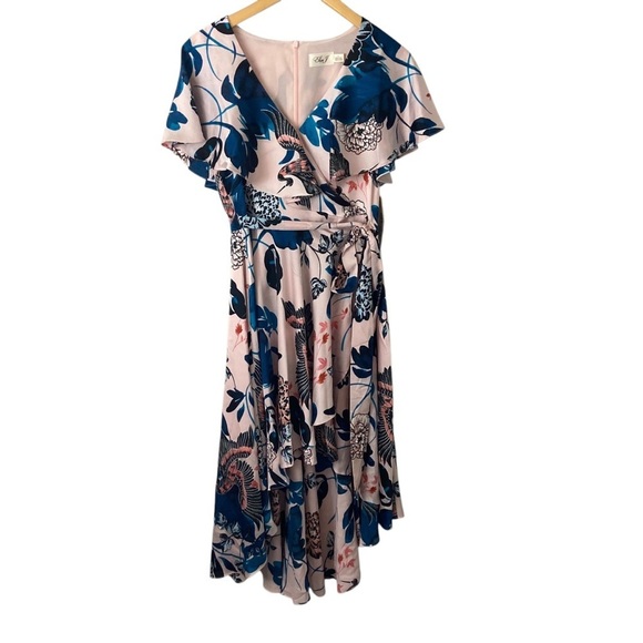 Eliza J Floral Flutter High Low Faux Wrap Dress Floral Exotic Birds Feminine 8 - Picture 2 of 15